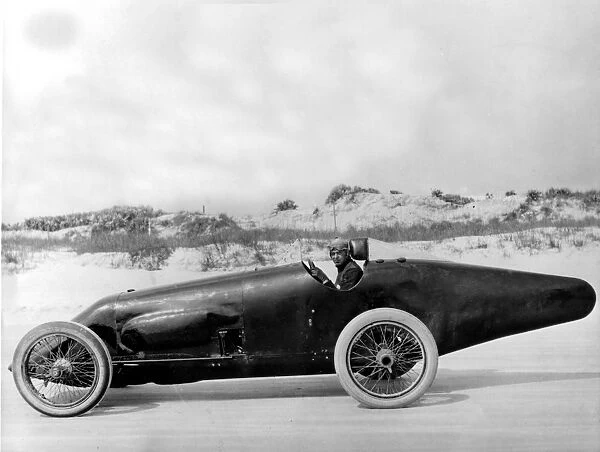 Tommy Milton in Duesenberg land speed record car at Daytona Beach Florida 1920 he