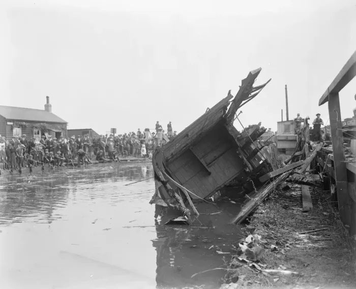 Framed Print : Train Smash Near Gravesend. One of the overturned coaches in the canal. 21 August