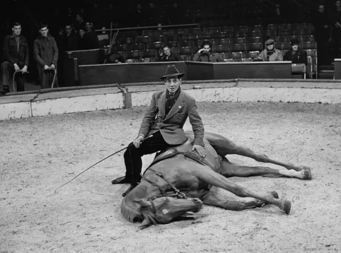 Framed Print : Trainer with his horse rehearsing before a show at the Olympia Circus, London, England Framed Print : Trainer with his horse rehearsing before a show at the Olympia Circus, London, England
