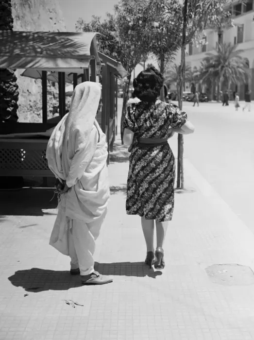 Framed Print : Tripoli. Contrast in fashion, and native Arab and a modern Italian girl