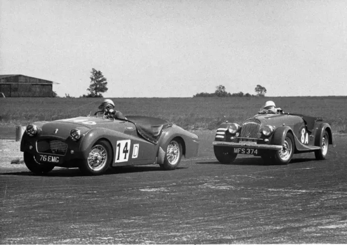 Framed Print : Triumph TR2 and Morgan Plus Four at Silverstone in July 1955 Framed Print : Triumph TR2 and Morgan Plus Four at Silverstone in July 1955