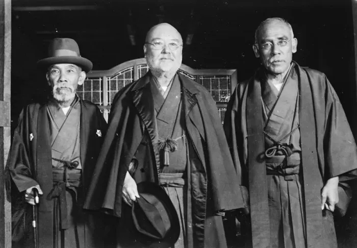 Framed Print : Triumvirate of Japanese politics. Left to right; Ki Inukai, Minister of Communications Framed Print : Triumvirate of Japanese politics. Left to right; Ki Inukai, Minister of Communications