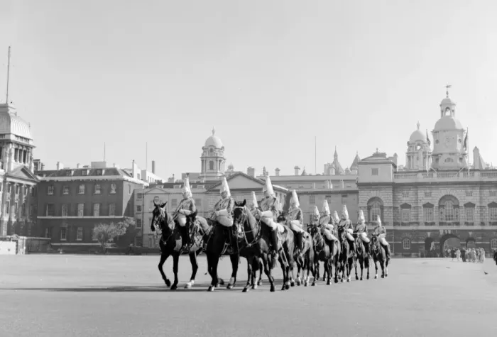 Framed Print : A troop of horseguards outside Horse Guards Parade, Whitehall, London, England Framed Print : A troop of horseguards outside Horse Guards Parade, Whitehall, London, England