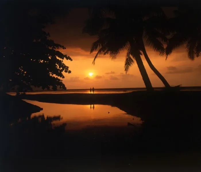 Framed Print : TROPICAL ISLANDS Beach on Penang island, Malaysia. Couple in distance