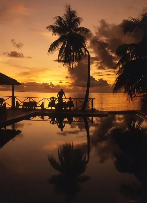 Framed Print : TROPICAL ISLANDS French Polynesia Hotel pool and sea at sunset, Morea, off Tahiti Framed Print : TROPICAL ISLANDS French Polynesia Hotel pool and sea at sunset, Morea, off Tahiti