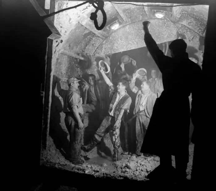 Framed Print : Tunnel workers celebrating - circa 1940s Kent meets Essex with the completion of