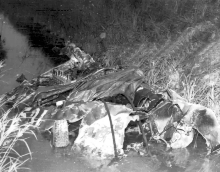 Framed Print : The twisted wreckage of the ferrari, in which Spains Marquis De Portago was killed Framed Print : The twisted wreckage of the ferrari, in which Spains Marquis De Portago was killed
