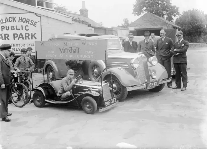 Framed Print : Vauxhall car fleet, big and small, at Sidcup, Kent. 1935 Framed Print : Vauxhall car fleet, big and small, at Sidcup, Kent. 1935
