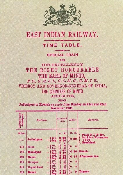 The Viceroy had special railway timetables printed each time he travelled. 1905