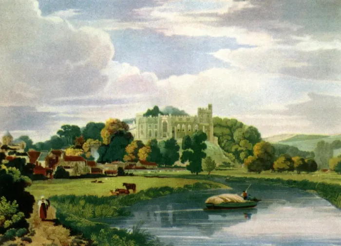 Framed Print : View of Arundel Castle, Sussex : Coloured engraving by Bailey after William Scott