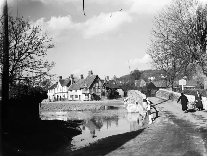 Framed Print : A view of Eynsford over the River Darent by the bridge and ford. 1936 Framed Print : A view of Eynsford over the River Darent by the bridge and ford. 1936