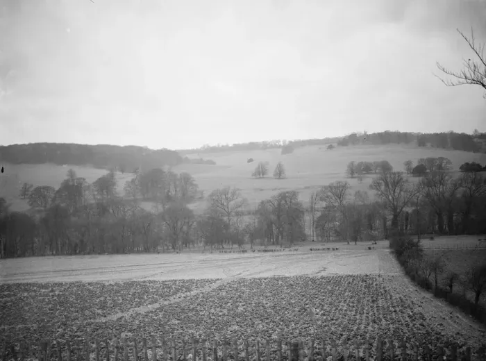 Framed Print : The view of the fields at Preston hill farm estate. 3 February 1938 Framed Print : The view of the fields at Preston hill farm estate. 3 February 1938