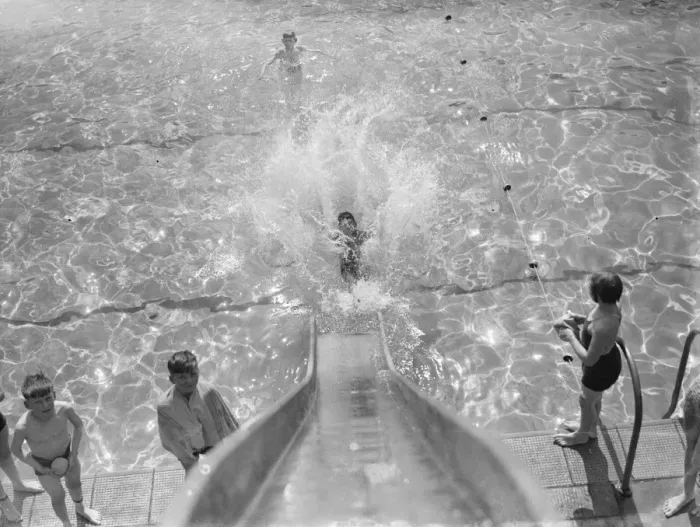 Framed Print : A view down the slide into the roped off area at swimming pool in Gravesend, Kent