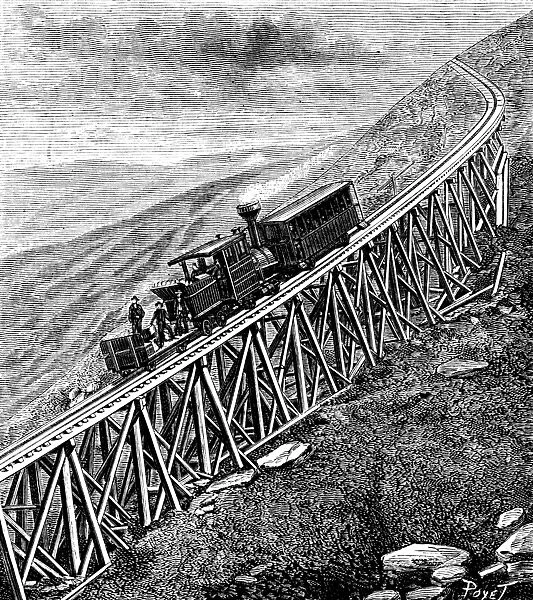 View of a train on the perilous railway track on Mount Washington. 19th century