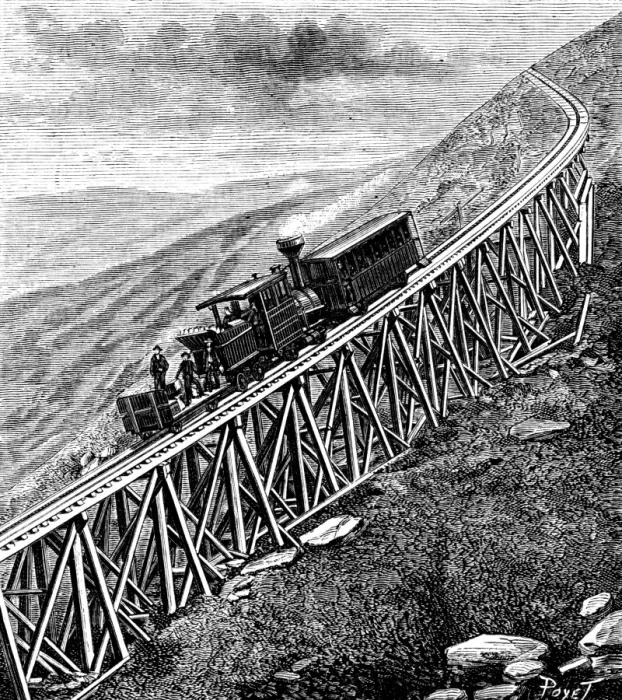 Framed Print : View of a train on the perilous railway track on Mount Washington. 19th century Framed Print : View of a train on the perilous railway track on Mount Washington. 19th century
