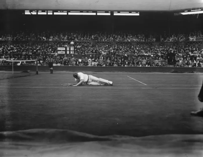 Framed Print : Vincent Richards defeated by Cochet at Wimbledon. Richards falls in returning a