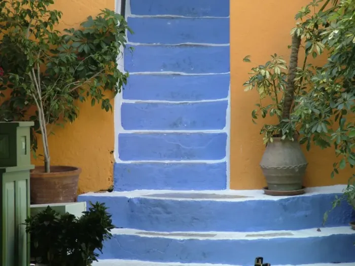 Framed Print : Vivid contrasting colours on stairway and walls in openair restaurant on waterfront Framed Print : Vivid contrasting colours on stairway and walls in openair restaurant on waterfront