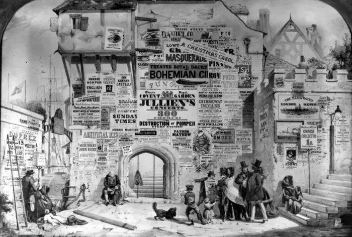 Framed Print : A wall full of bill posters stuck over the top of one another in an old courtyard