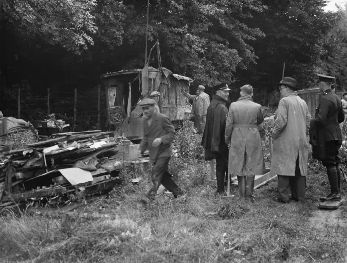 Framed Print : Watchers watch on as a shack in Kingsdown is demolished. 1936 Framed Print : Watchers watch on as a shack in Kingsdown is demolished. 1936