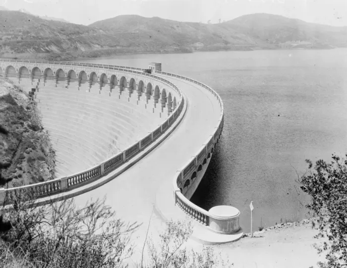 Framed Print : Water storage on the Grand Scale. The recently completed Mulholland Dam and reservoir