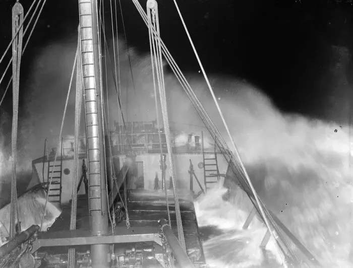 Framed Print : Waves breaking over the bows of the tramp steamer the SS Eston. 1935