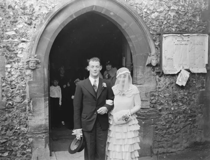 Framed Print : A wedding of a couple in Orpington, Kent. The bride and groom. 1939 Framed Print : A wedding of a couple in Orpington, Kent. The bride and groom. 1939