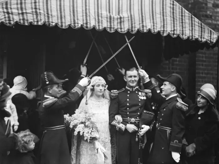 Framed Print : Wedding. Miss E Badcock and Lt C Maunsell Smyth were married at Holy Trinity. Bride Framed Print : Wedding. Miss E Badcock and Lt C Maunsell Smyth were married at Holy Trinity. Bride
