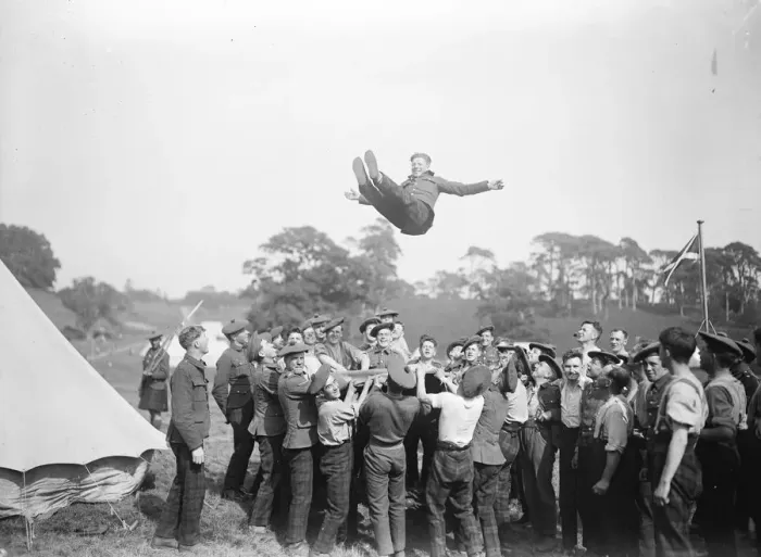 Framed Print : Three weeks of war on the South Downs A little blanket tossing by members of Framed Print : Three weeks of war on the South Downs A little blanket tossing by members of