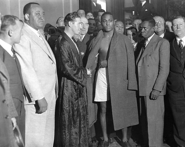 Weigh in at the Stadium Club. Len Harvey and John Henry Lewis. 9 November 1936