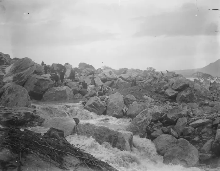 Framed Print : The Welsh disaster. Great boulders which hurled down the hillside by the flowing