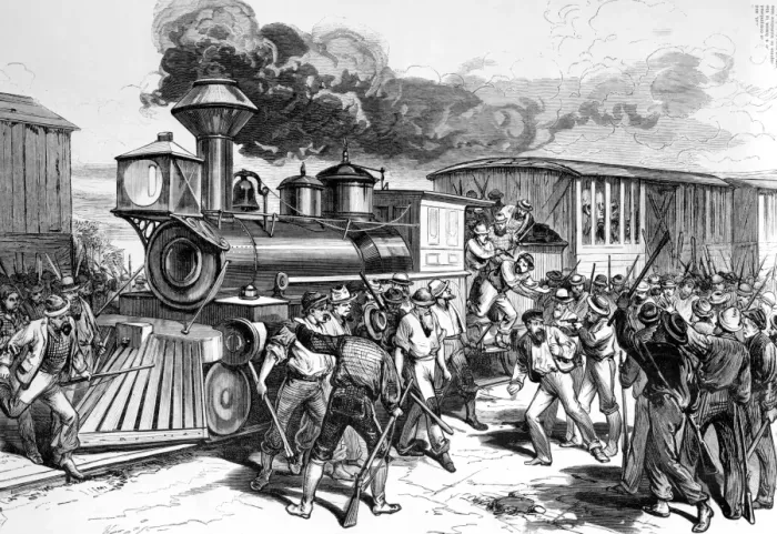 Framed Print : West Virginia - The Baltimore and Ohio railroad strike - the disaffected workmen dragging firemen Framed Print : West Virginia - The Baltimore and Ohio railroad strike - the disaffected workmen dragging firemen