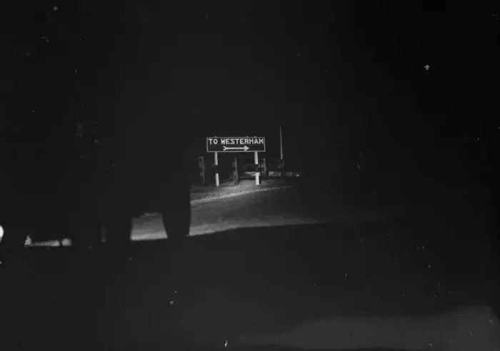 Framed Print : Westerham road sign, as seen at night. 1936 Framed Print : Westerham road sign, as seen at night. 1936