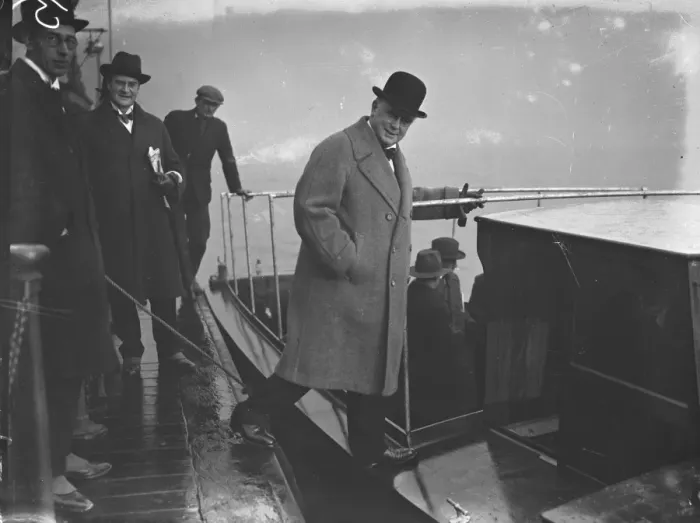 Framed Print : At Westminster Pier Sir Samuel Instone at the trials of the new motor boat intended Framed Print : At Westminster Pier Sir Samuel Instone at the trials of the new motor boat intended