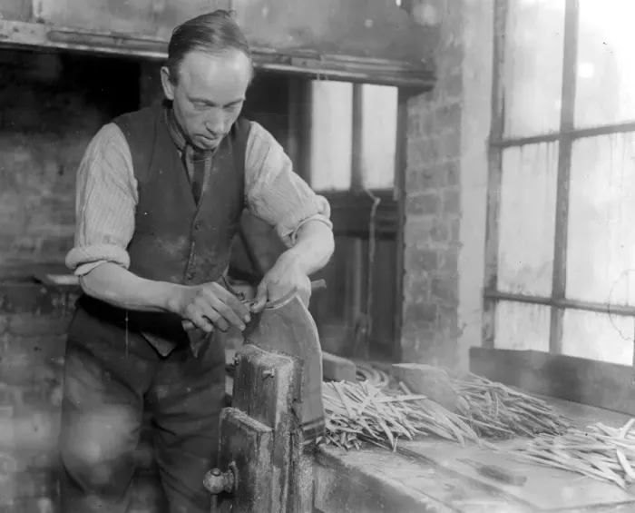 Framed Print : Whalebone cutting - A Leyton industry. Stick cutting for stay or bfrush work. 1923