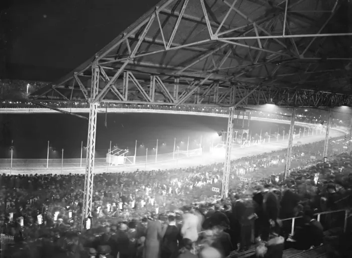 Framed Print : The White City at night, where illuminated greyhound racing attracts average crowd of 75, 000
