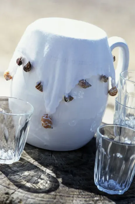 Framed Print : White jug with white fabric cover weighted with sea shells to keep insects out. credit Framed Print : White jug with white fabric cover weighted with sea shells to keep insects out. credit