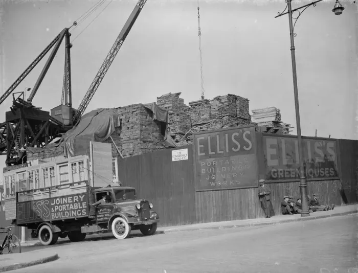 Framed Print : Wood stacks at the G Ellis joinery works in Hackney. 7 April 1938
