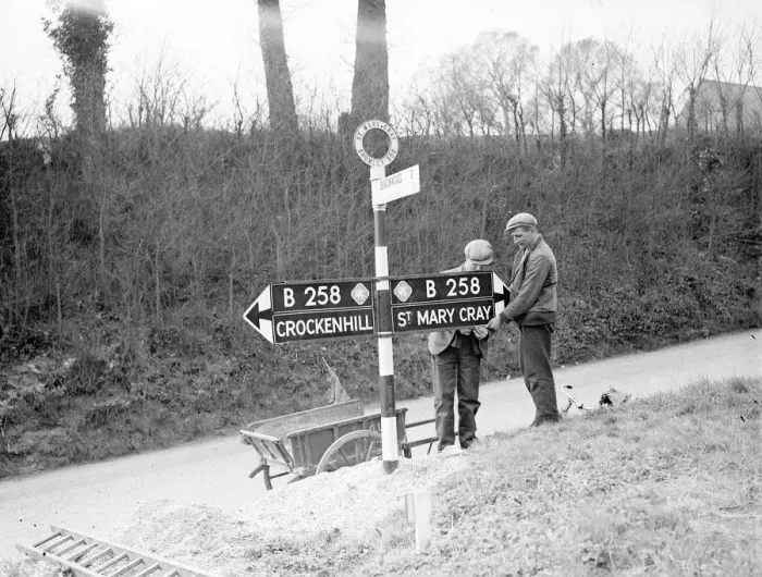Framed Print : Workmen putting up an RAC secondary road sign on the B258. 1938 Framed Print : Workmen putting up an RAC secondary road sign on the B258. 1938
