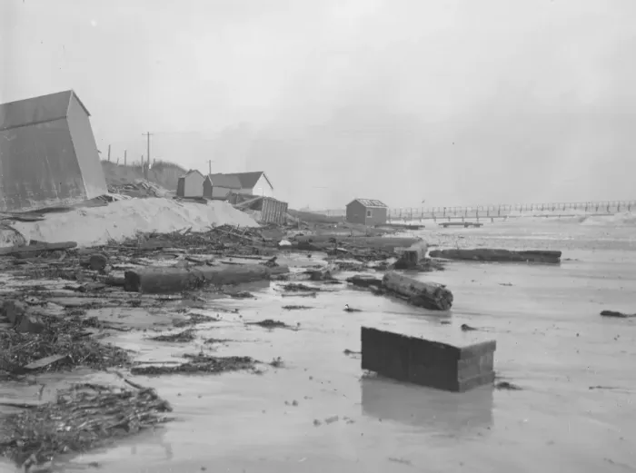 Framed Print : The wreckage of bathing huts at Littlehampton after the Great Storm. 1925 Framed Print : The wreckage of bathing huts at Littlehampton after the Great Storm. 1925