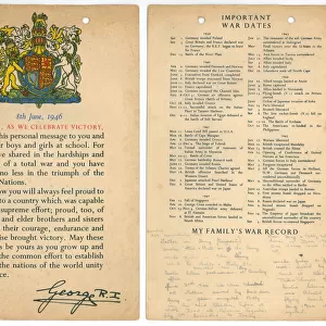8 June 1946 A message to sent to the schoolchildren of Britain to celebrate victory