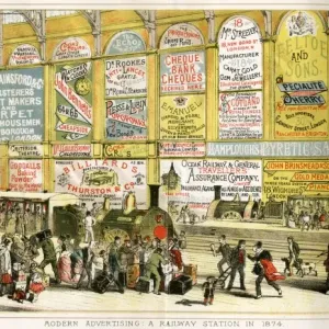 Print of a bustling railway station with advertisements Print of a bustling railway station with advertisements