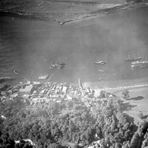 Aerial view of Greenhithe, Kent overlooking Everards shipyard, HMS Worcester, the