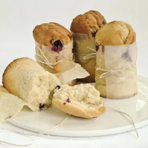 Blueberry Muffin Print in Tall Greaseproof Paper Cases Tied with String Blueberry Muffin Print in Tall Greaseproof Paper Cases Tied with String