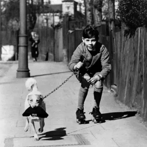 1950s British Boy Rollerskating with Dog Print 1950s British Boy Rollerskating with Dog Print