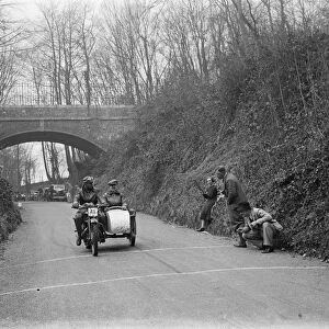 Brake test for the motorcycle trial in Wrotham, Kent. 1937