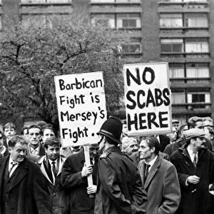 Building workers strike. Barbican strikers picket outside Mytons prior to their