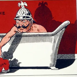 Cartoon of Kaiser Bill in the Bath Tub with the caption He Wont be Happy Till He