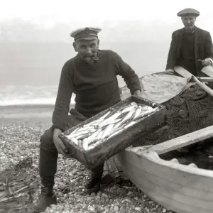 Print of Charlie Mann with a catch of herrings, 28 September 1925 Print of Charlie Mann with a catch of herrings, 28 September 1925
