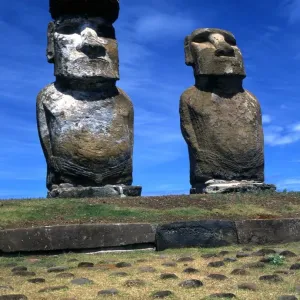 Easter Island - The raised upright giant statues below the ancient volcanic quarry Easter Island - The raised upright giant statues below the ancient volcanic quarry