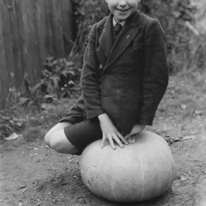 Edward Harrison with his 1938 pumpkin, Print Edward Harrison with his 1938 pumpkin, Print